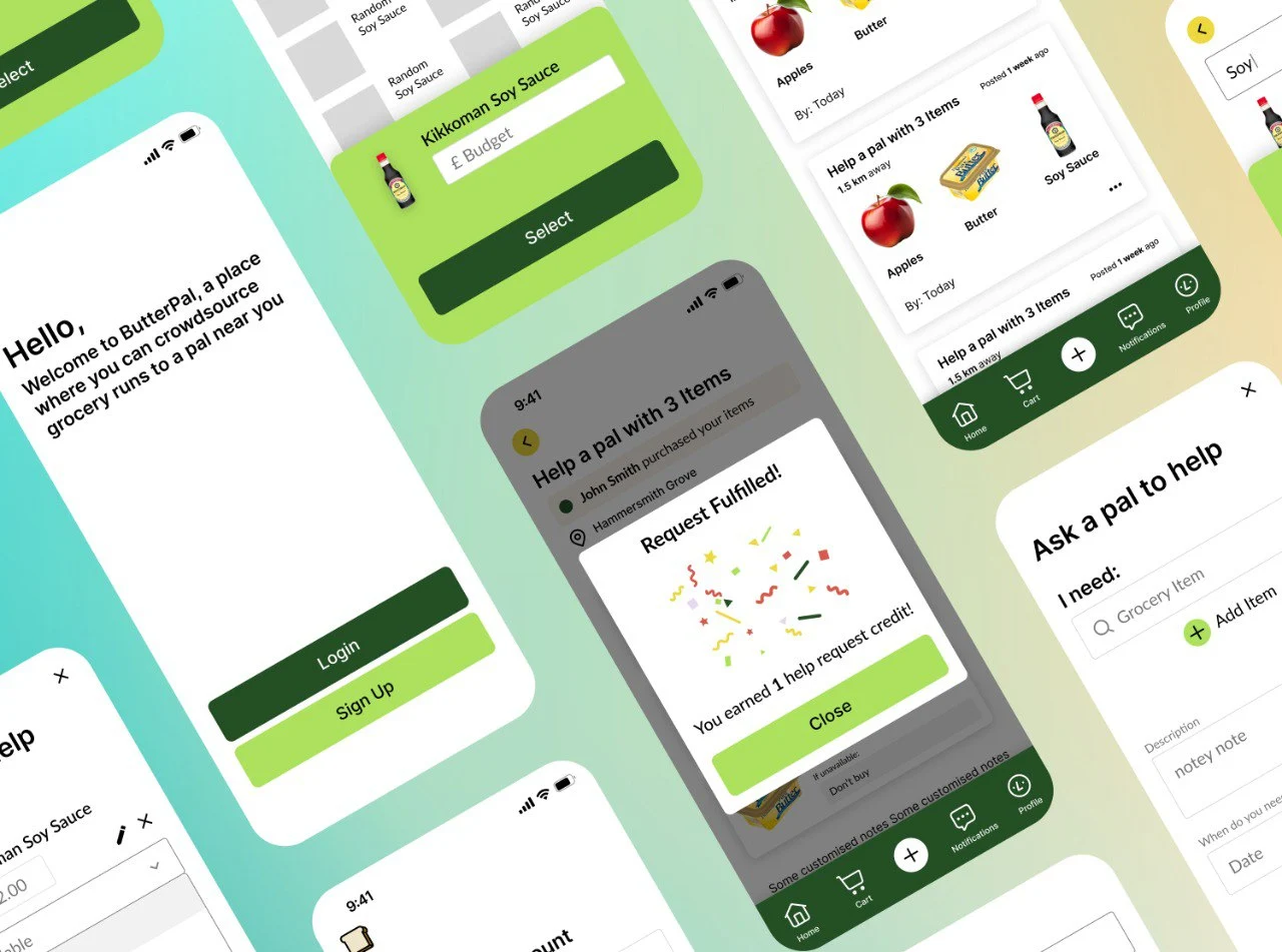 ButterPal App screens of the homepage, login flows and request boards.