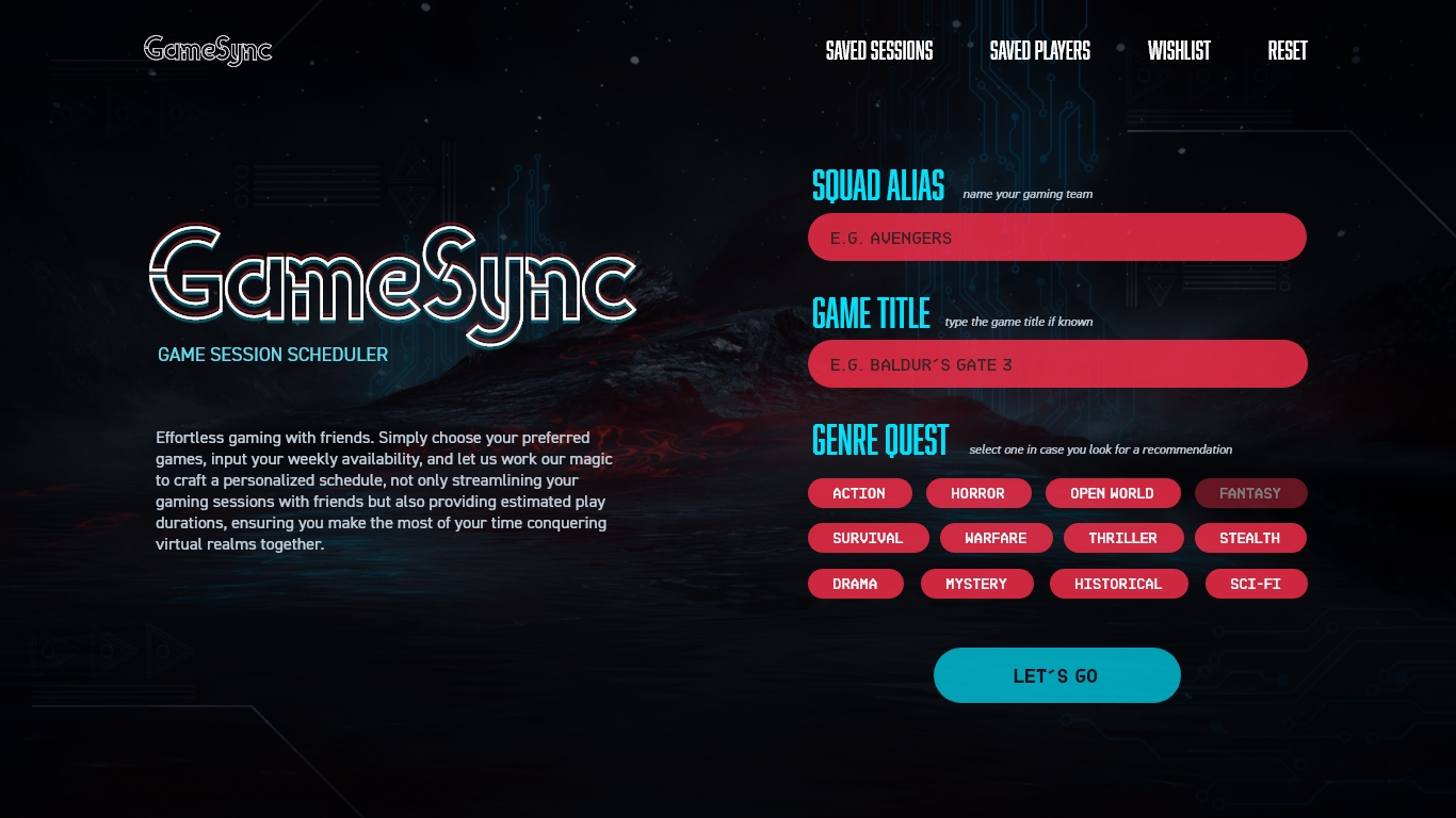 GameSync Web App homepage with input fields for squad name and game selection.