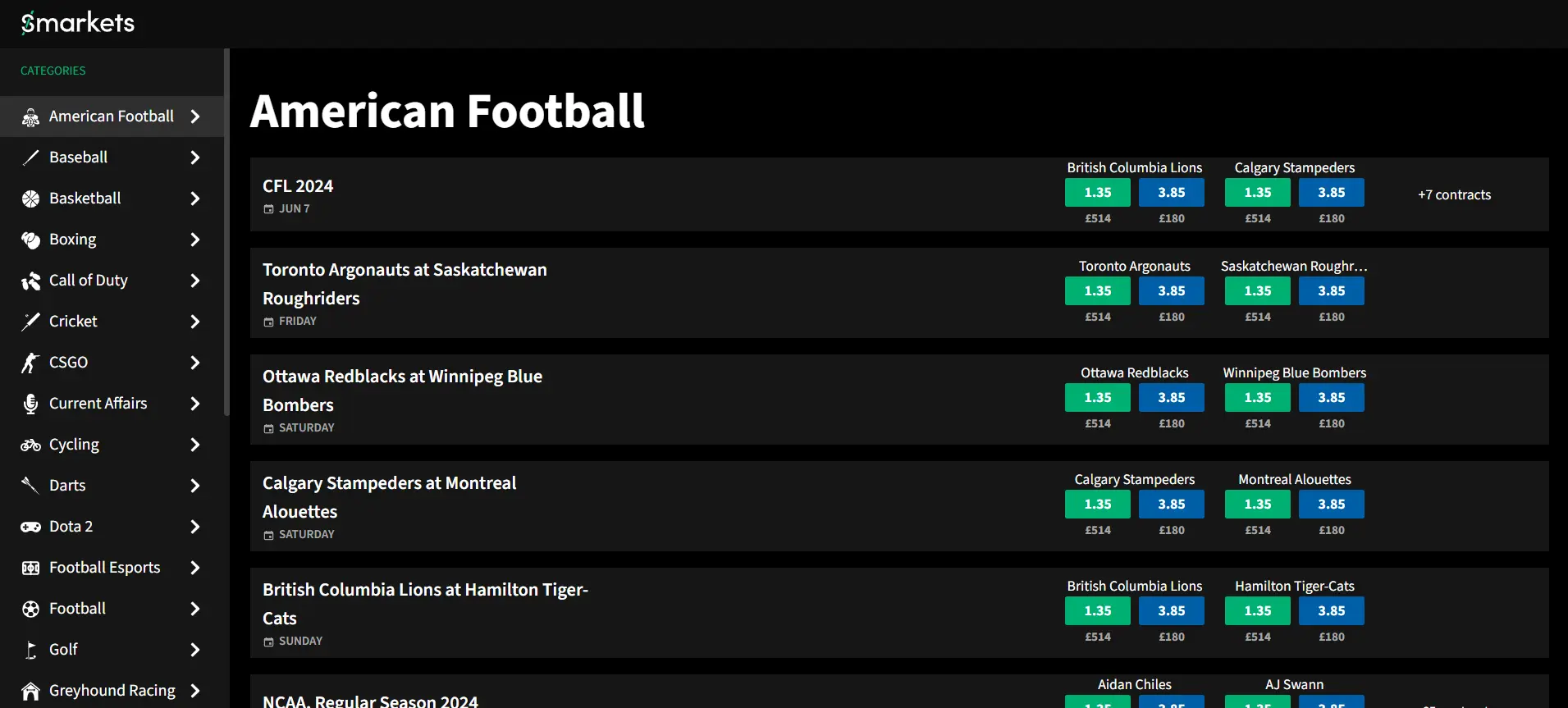 Smarkets Web App homepage live updated betting exchange information and events.